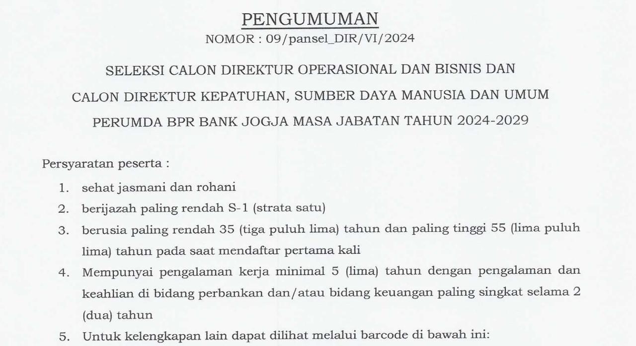 Pengumuman Seleksi Calon Direktur Operasional dan Bisnis dan Calon Direktur Kepatuhan, Sumber Daya Manusia dan Umum Perumda BPR Bank Jogja Masa Jabatan Tahun 2024-2029