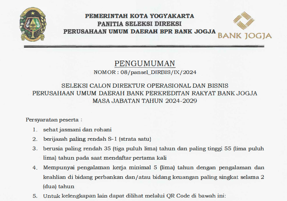 Seleksi Calon Direktur Operasional dan Bisnis Perusahaan Umum Daerah Bank Perkreditan Rakyat Bank Jogja Masa Jabatan Tahun 2024-2029