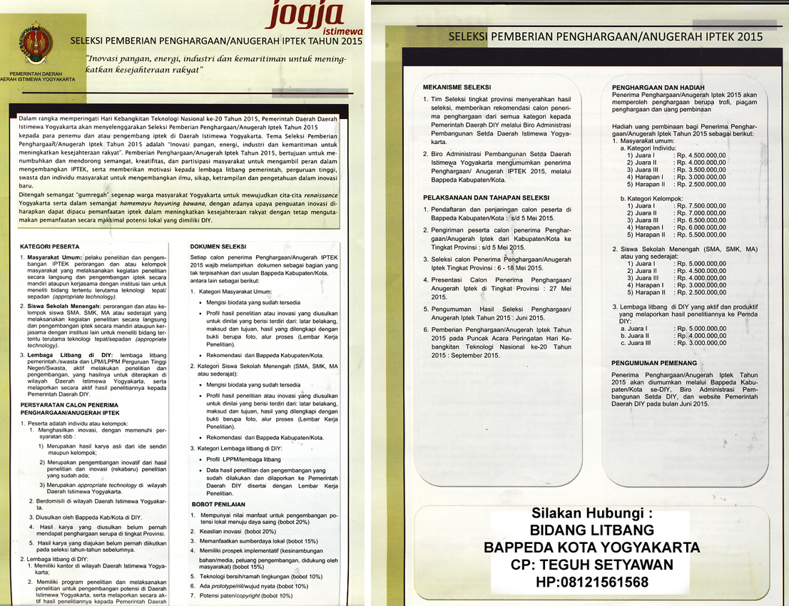 SELEKSI PEMBERIAN PENGHARGAAN / ANUGERAH IPTEK TAHUN 2015