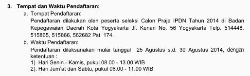 PENGUMUMAN SELEKSI CALON PRAJA IPDN 2014 DI KOTA YOGYAKARTA